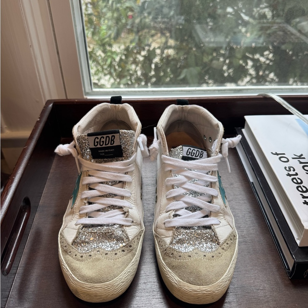 Golden Goose White Silver Glitter Sneakers with Teal Star - Picture 1 of 6
